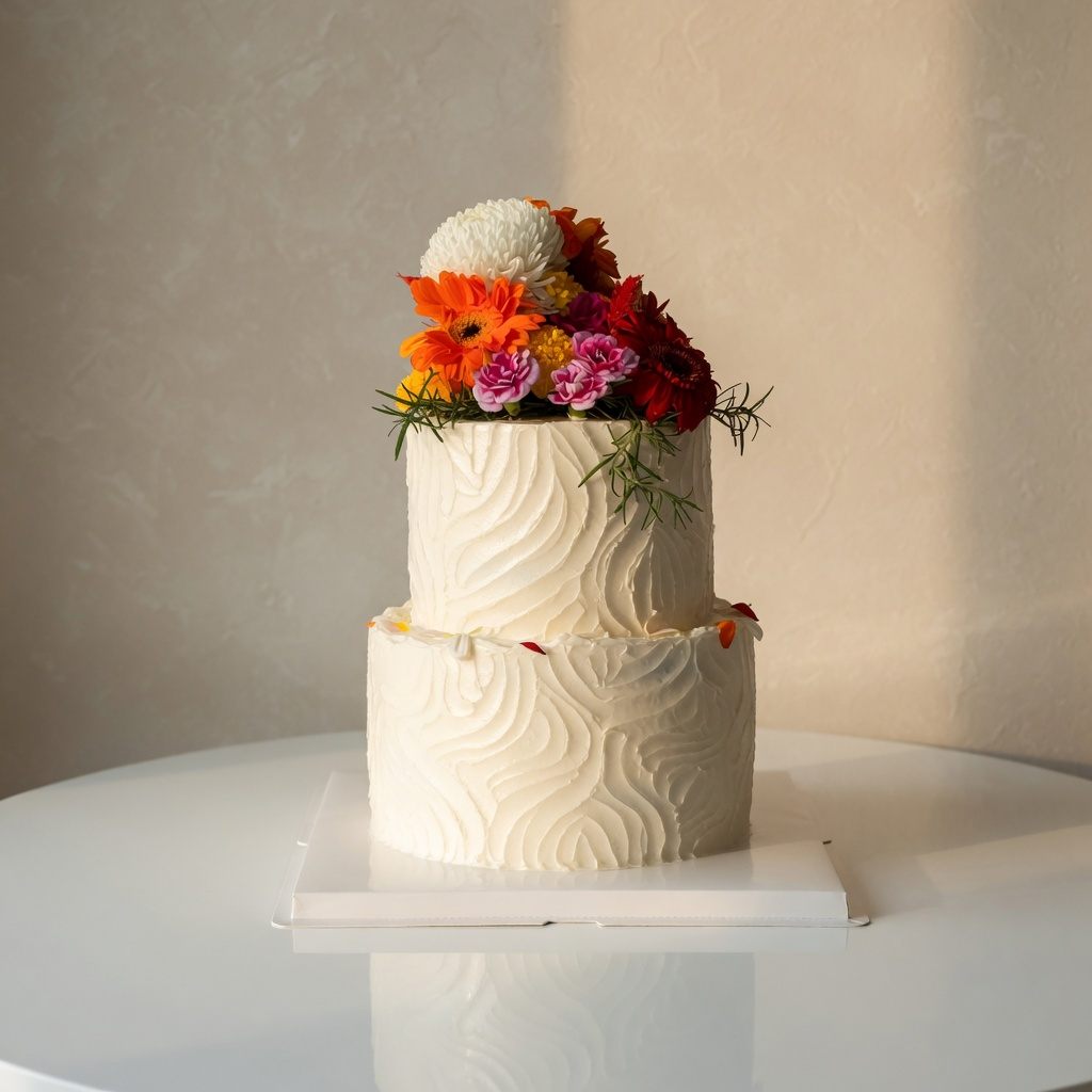 Two-tier cream cake with textured buttercream swirls, topped with a fresh chrysanthemum, gerbera and carnation bouquet