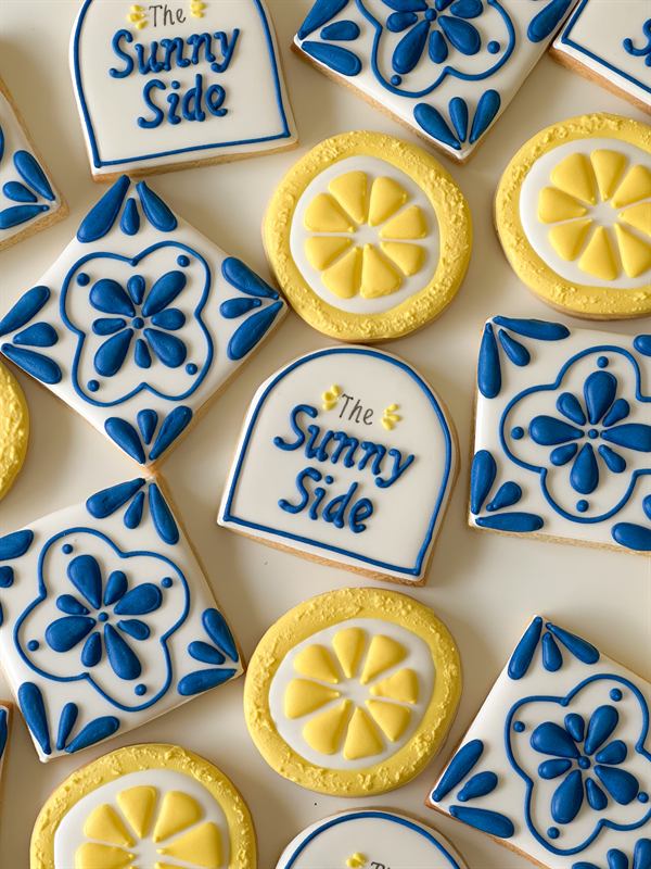 The Sunny Side set &mdash; hand-piped Mediterranean tile and lemon sugar cookies in blue, white and yellow