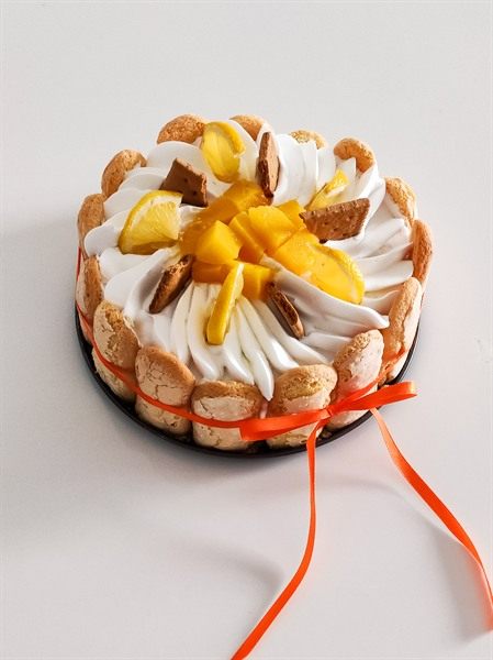 Mango charlotte wrapped in ribbon