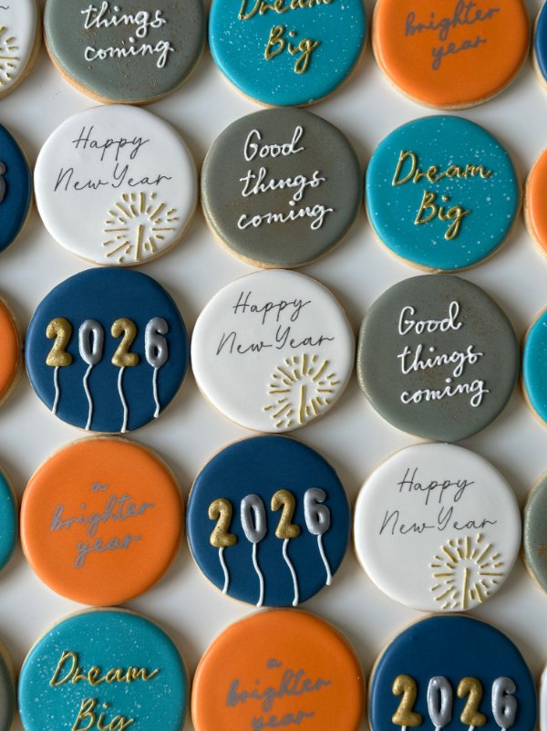 New Year cookies — balloons, fireworks and fresh-start wishes
