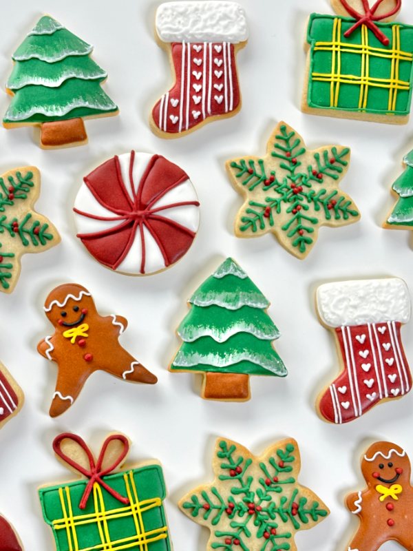 Classic Christmas cookies — snowy trees, stockings, gingerbread men and peppermint swirls