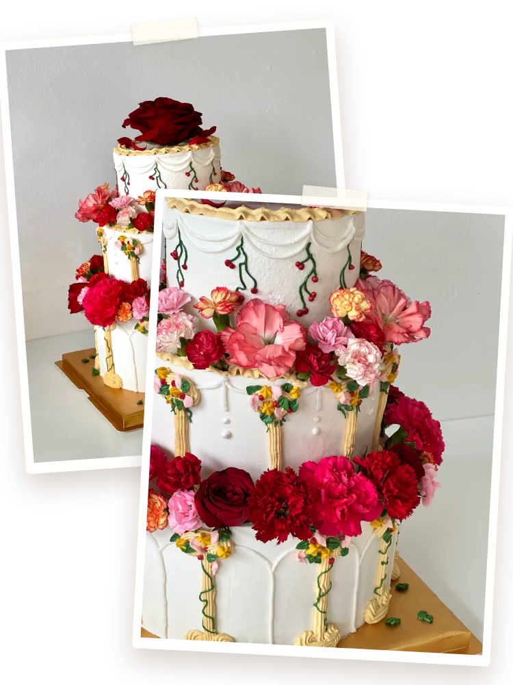 The finished three-tier on its gold board, red rose crown and flower garlands — with a close-up of the blooms and piped pillars behind