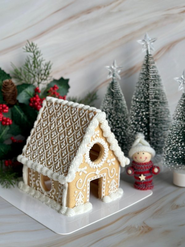 The assembled Cookie House &mdash; piped in white icing, ready to display