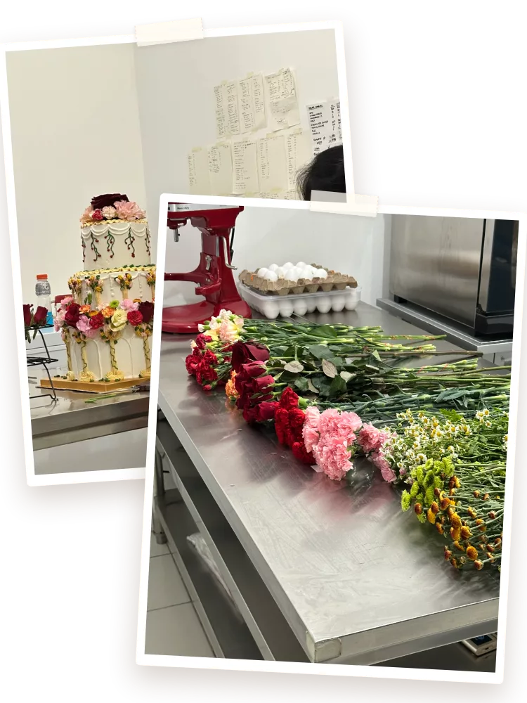 Inside the Sugarcoat kitchen — a three-tier cake being dressed with real blooms, and the finished tiers standing beside the iPad sketch they were built from