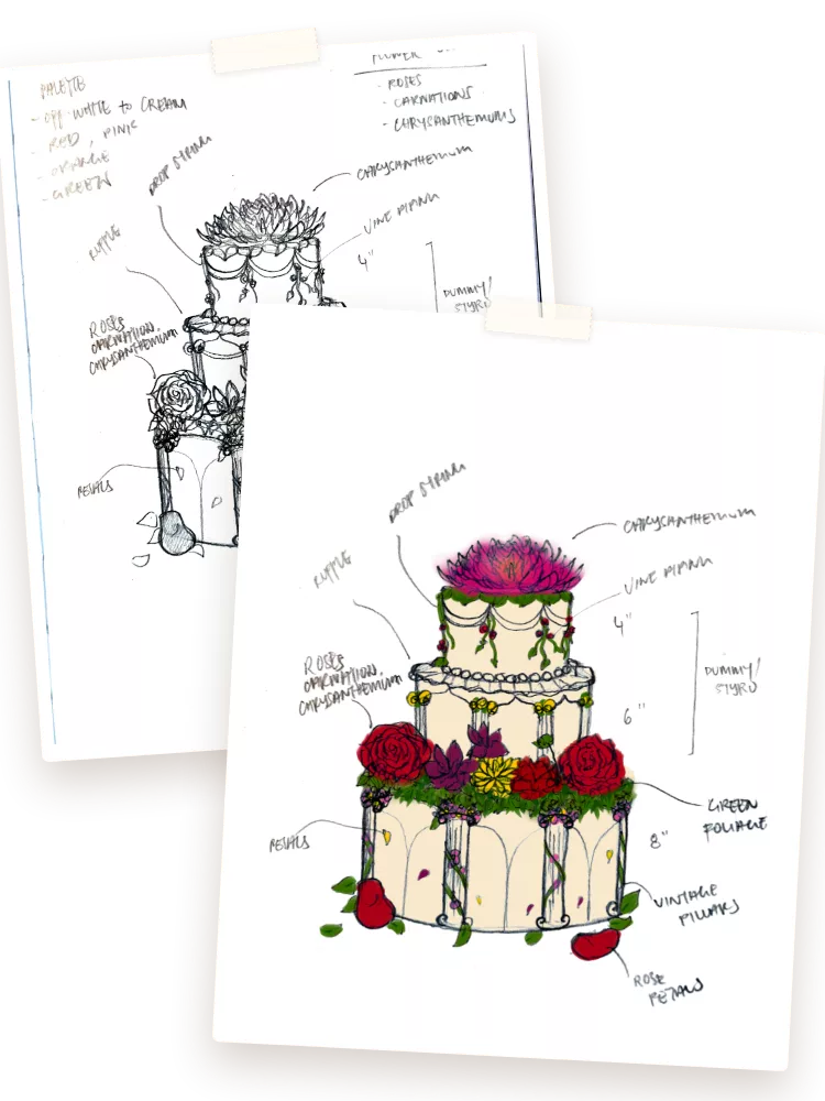 A real Sugarcoat cake sketch — the pencil draft of a three-tier design taped behind its coloured version, with flower list and tier sizes annotated