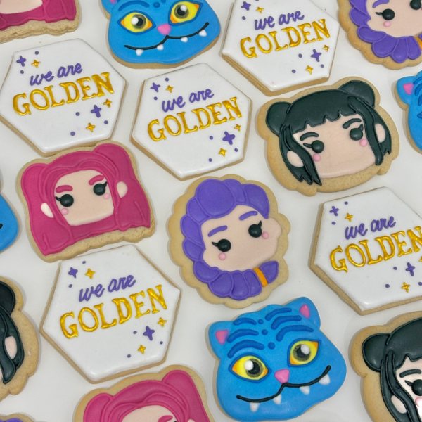We are Golden — chibi idol, blue tiger and golden lyric hexagon cookies